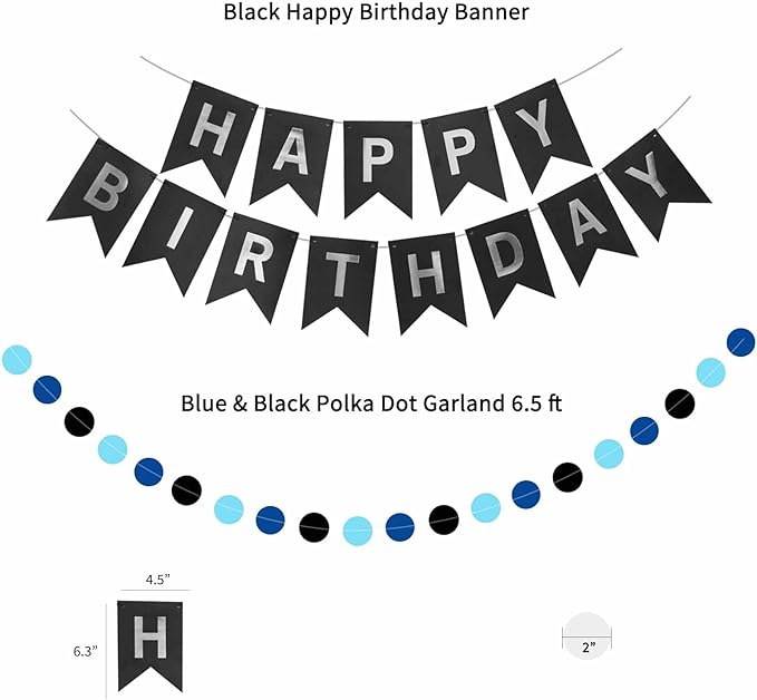 Blue and Black Happy Birthday Party Decorations for Boys Men Banner Balloons Navy Royal Light Blue Pom Poms Foil Curtain Décor Supplies 13th 16th 18th 20th 30th 40th 50th 60th 70th 80th