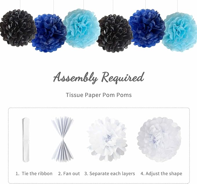 Blue and Black Happy Birthday Party Decorations for Boys Men Banner Balloons Navy Royal Light Blue Pom Poms Foil Curtain Décor Supplies 13th 16th 18th 20th 30th 40th 50th 60th 70th 80th