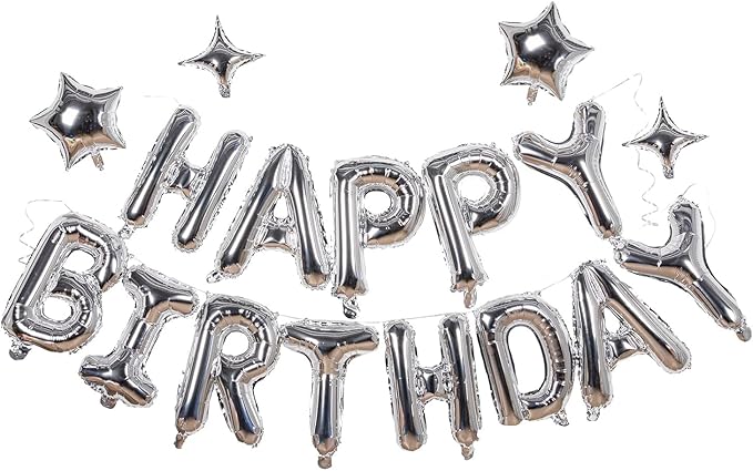 Silver Happy Birthday Banner Balloon Aluminum Foil 16 Inch Letter,10 Inch Five Pointed Star Four Pointed Star Suitable for Kids, Men, Women, Boys and Girls Party Decoration Supplies