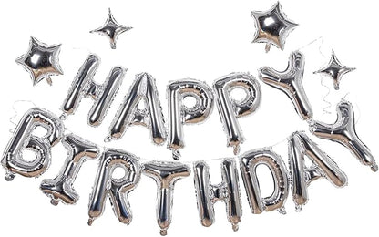 Silver Happy Birthday Banner Balloon Aluminum Foil 16 Inch Letter,10 Inch Five Pointed Star Four Pointed Star Suitable for Kids, Men, Women, Boys and Girls Party Decoration Supplies