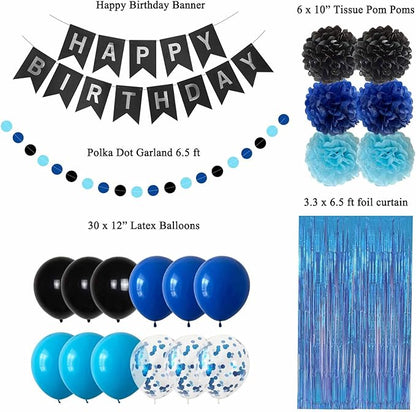 Blue and Black Happy Birthday Party Decorations for Boys Men Banner Balloons Navy Royal Light Blue Pom Poms Foil Curtain Décor Supplies 13th 16th 18th 20th 30th 40th 50th 60th 70th 80th