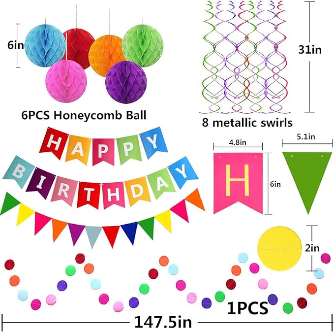 Happy Birthday Banner With Colorful Paper Flag Bunting Paper Circle Confetti Garland Swirl Streamers Honeycomb ball for Birthday Party Decorations