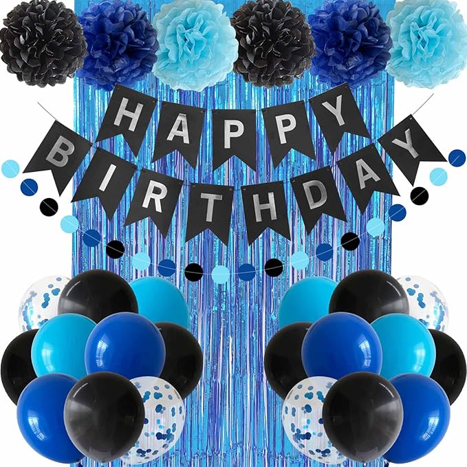 Blue and Black Happy Birthday Party Decorations for Boys Men Banner Balloons Navy Royal Light Blue Pom Poms Foil Curtain Décor Supplies 13th 16th 18th 20th 30th 40th 50th 60th 70th 80th