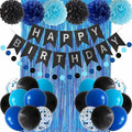 Blue and Black Happy Birthday Party Decorations for Boys Men Banner Balloons Navy Royal Light Blue Pom Poms Foil Curtain Décor Supplies 13th 16th 18th 20th 30th 40th 50th 60th 70th 80th