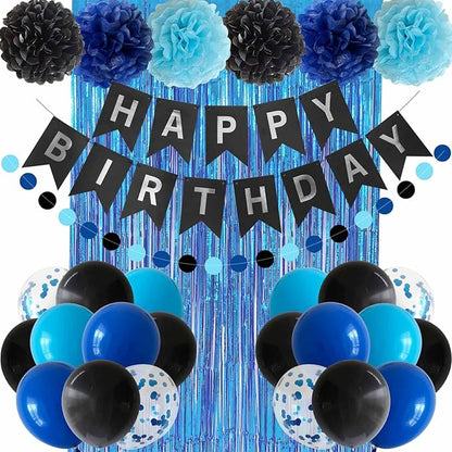 Blue and Black Happy Birthday Party Decorations for Boys Men Banner Balloons Navy Royal Light Blue Pom Poms Foil Curtain Décor Supplies 13th 16th 18th 20th 30th 40th 50th 60th 70th 80th