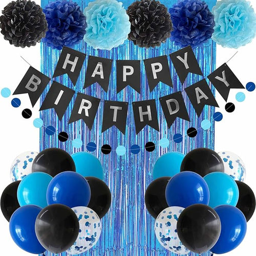 Blue and Black Happy Birthday Party Decorations for Boys Men Banner Balloons Navy Royal Light Blue Pom Poms Foil Curtain Décor Supplies 13th 16th 18th 20th 30th 40th 50th 60th 70th 80th