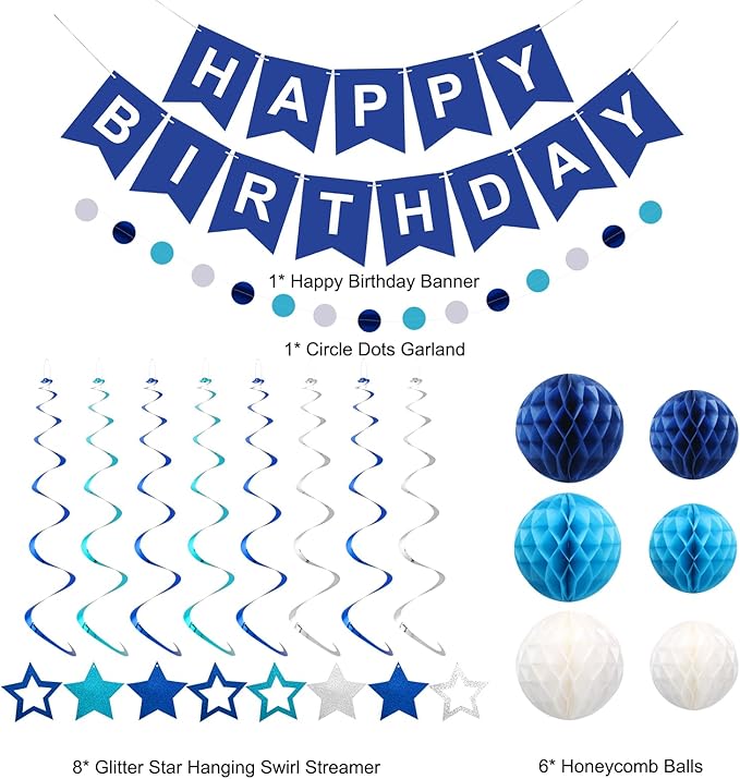 meowtastic Birthday Decorations, Happy Birthday Banner with Honeycomb Balls, Stars Hanging Swirl Streamers, Circle Dots Garland, Happy Birthday Party Decorations for Women Men Boys Girls (Blue)