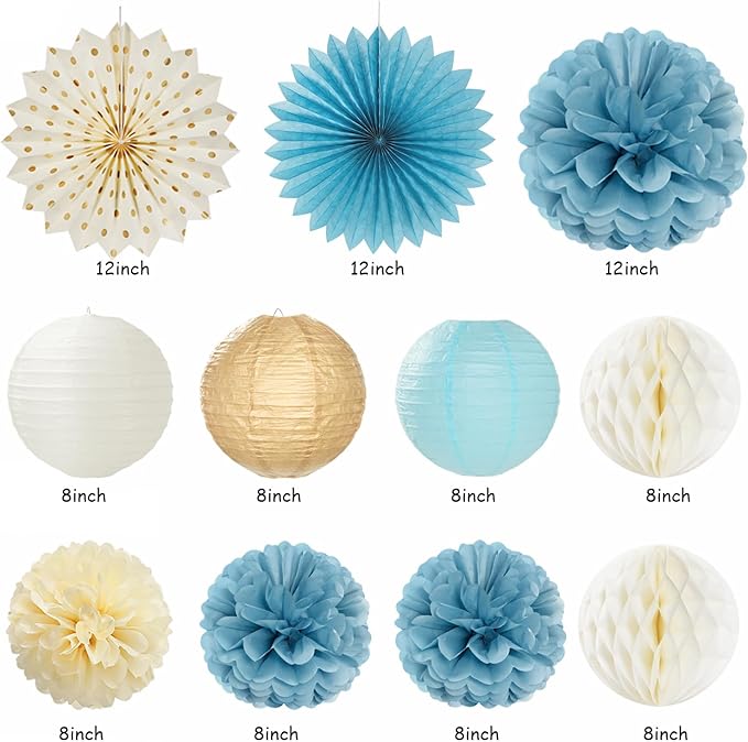 Light-Dusty Blue Beige-Champagne Women Birthday-Decorations - 21pcs Boho Neutral Happy Banner Garland,Paper Streamers Lanterns,Flower Tissue Pom Poms Fan Supplies,Wall Backdrop Party Decor Huglony