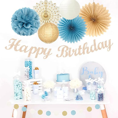 Light-Dusty Blue Beige-Champagne Women Birthday-Decorations - 21pcs Boho Neutral Happy Banner Garland,Paper Streamers Lanterns,Flower Tissue Pom Poms Fan Supplies,Wall Backdrop Party Decor Huglony