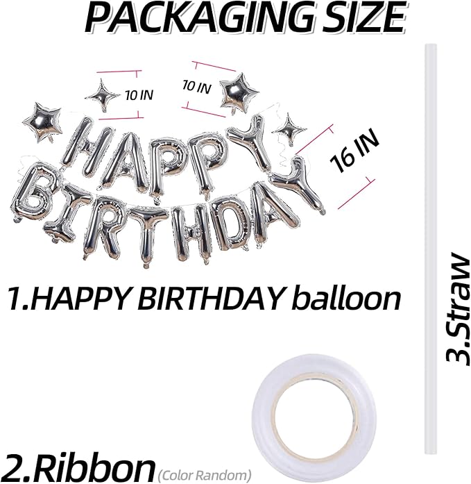 Silver Happy Birthday Banner Balloon Aluminum Foil 16 Inch Letter,10 Inch Five Pointed Star Four Pointed Star Suitable for Kids, Men, Women, Boys and Girls Party Decoration Supplies