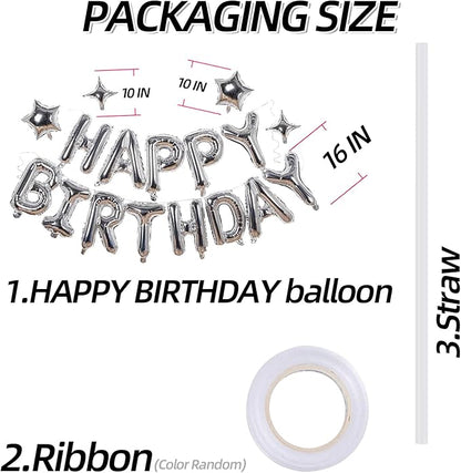 Silver Happy Birthday Banner Balloon Aluminum Foil 16 Inch Letter,10 Inch Five Pointed Star Four Pointed Star Suitable for Kids, Men, Women, Boys and Girls Party Decoration Supplies