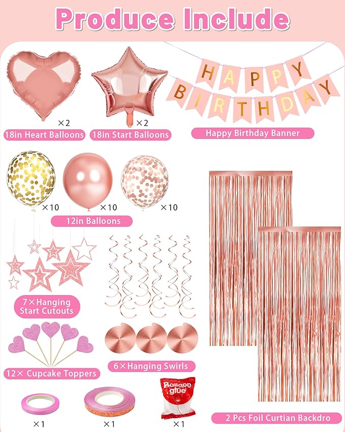 Rose Gold Happy Birthday Party Decorations, Happy Birthday Banner, Rose Gold Foil Heart Star Confetti Balloons Curtain Backdrop Hanging Swirls Party Decor for Girls Women Princess