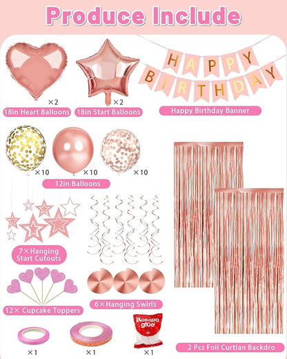 Rose Gold Happy Birthday Party Decorations, Happy Birthday Banner, Rose Gold Foil Heart Star Confetti Balloons Curtain Backdrop Hanging Swirls Party Decor for Girls Women Princess