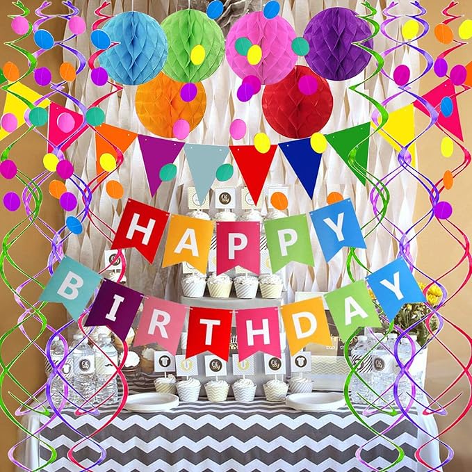 Happy Birthday Banner With Colorful Paper Flag Bunting Paper Circle Confetti Garland Swirl Streamers Honeycomb ball for Birthday Party Decorations