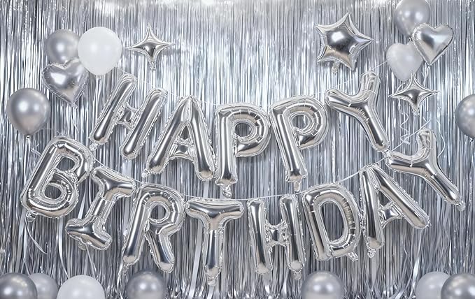 Silver Happy Birthday Banner Balloon Aluminum Foil 16 Inch Letter,10 Inch Five Pointed Star Four Pointed Star Suitable for Kids, Men, Women, Boys and Girls Party Decoration Supplies