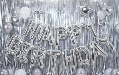 Silver Happy Birthday Banner Balloon Aluminum Foil 16 Inch Letter,10 Inch Five Pointed Star Four Pointed Star Suitable for Kids, Men, Women, Boys and Girls Party Decoration Supplies