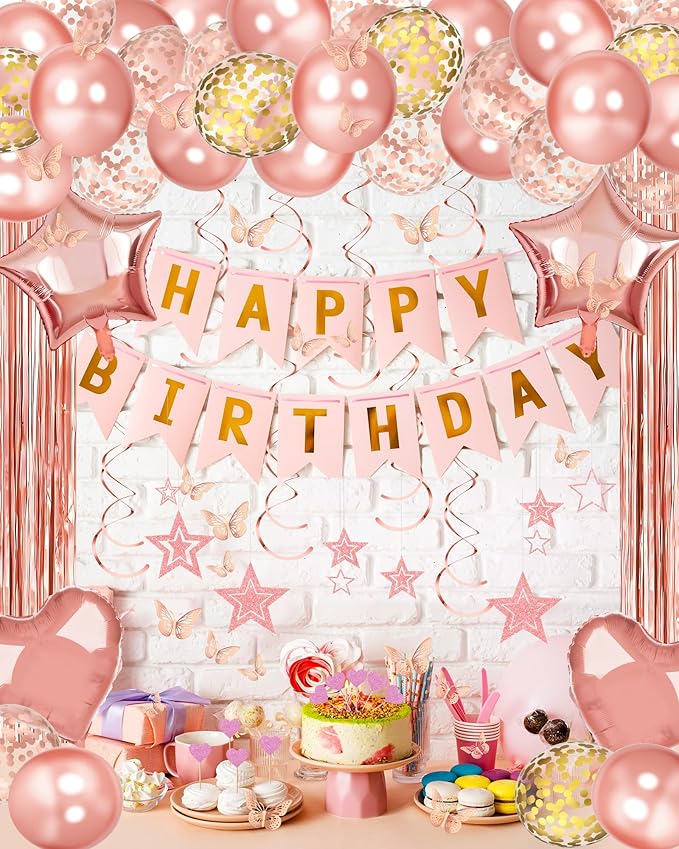 Rose Gold Happy Birthday Party Decorations, Happy Birthday Banner, Rose Gold Foil Heart Star Confetti Balloons Curtain Backdrop Hanging Swirls Party Decor for Girls Women Princess