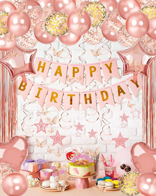 Rose Gold Happy Birthday Party Decorations, Happy Birthday Banner, Rose Gold Foil Heart Star Confetti Balloons Curtain Backdrop Hanging Swirls Party Decor for Girls Women Princess